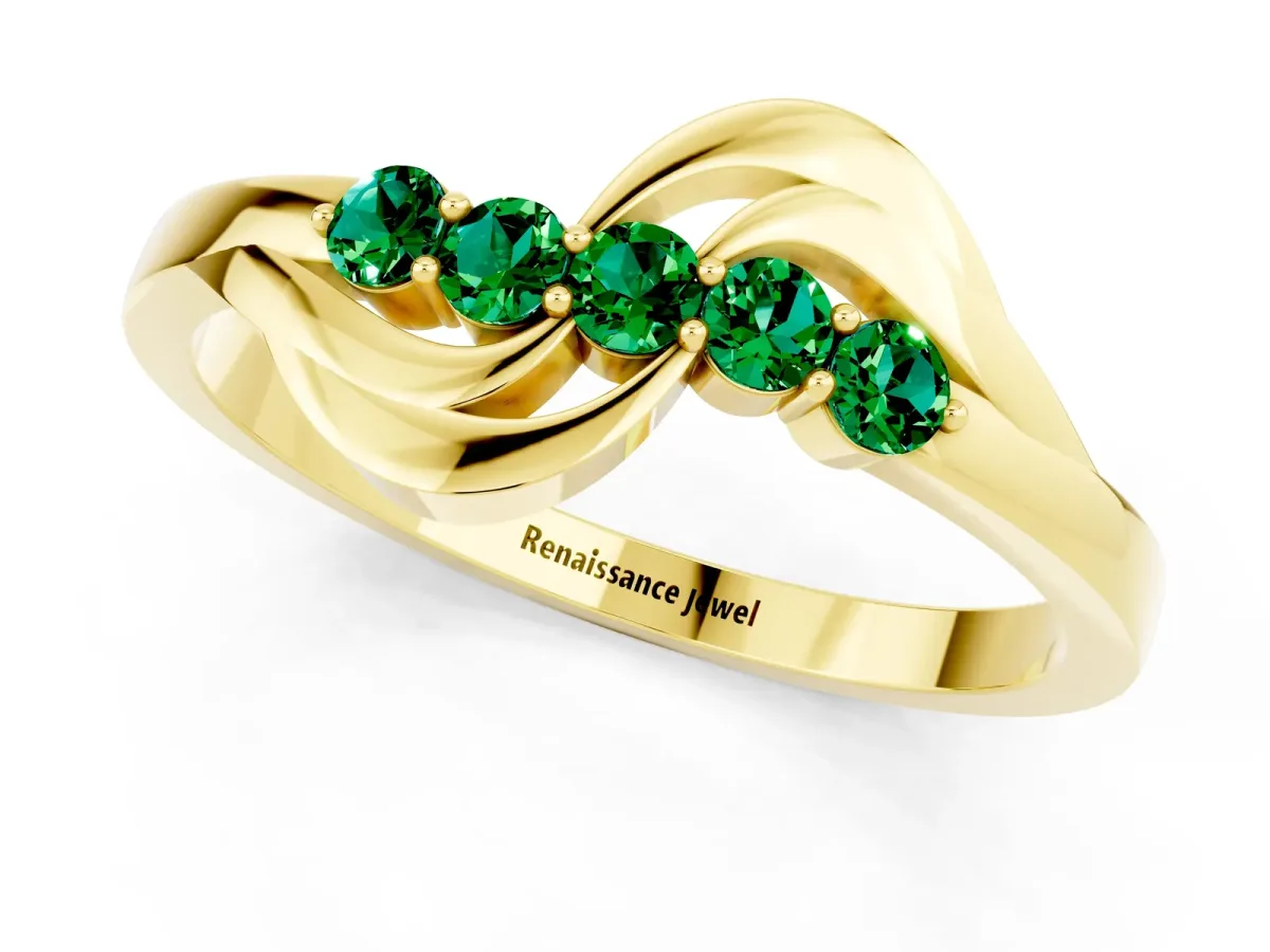Five-Stone Round Emerald Crossover Band with Prong Setting Yellow gold