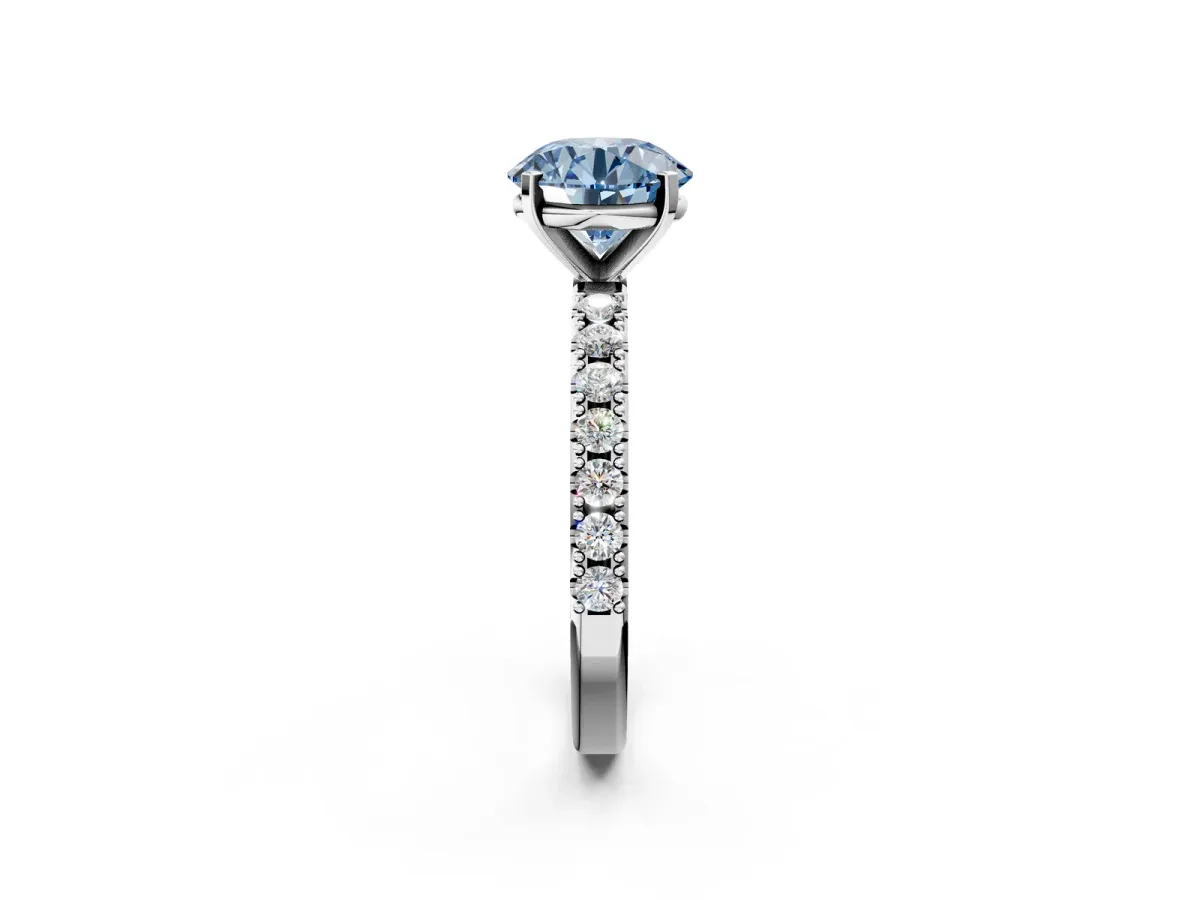 Fancy Blue Round Cut Diamond Solitaire Pavé Band with Four-Prong Setting Platinum