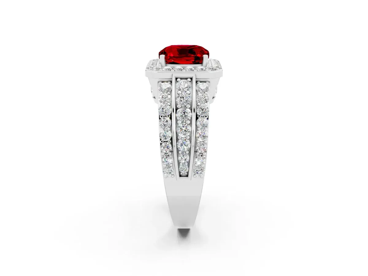 Cushion Cut Halo Ruby Ring with Round Split Shank and Prong Setting Platinum