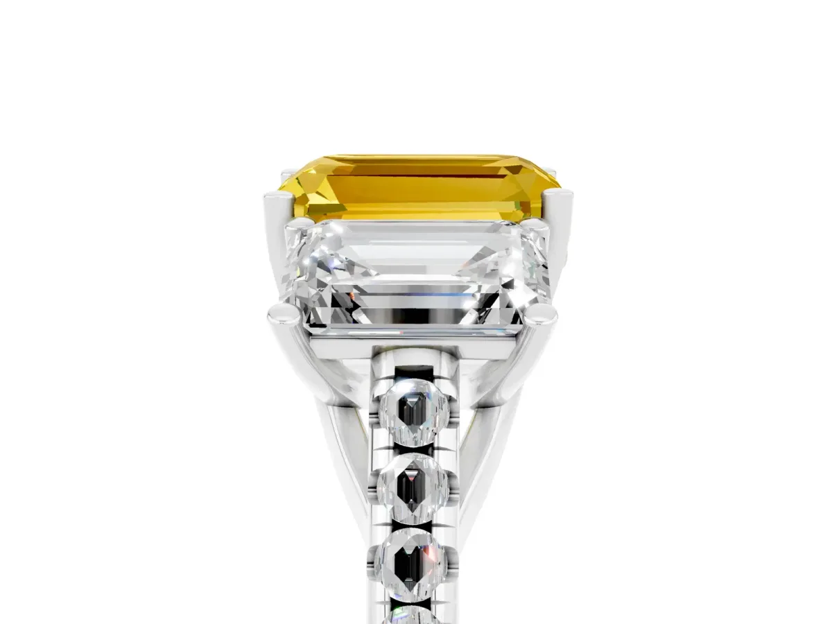 Three-Stone Emerald Cut Yellow Sapphire Ring with Round Pavé Band and Prong Setting Silver