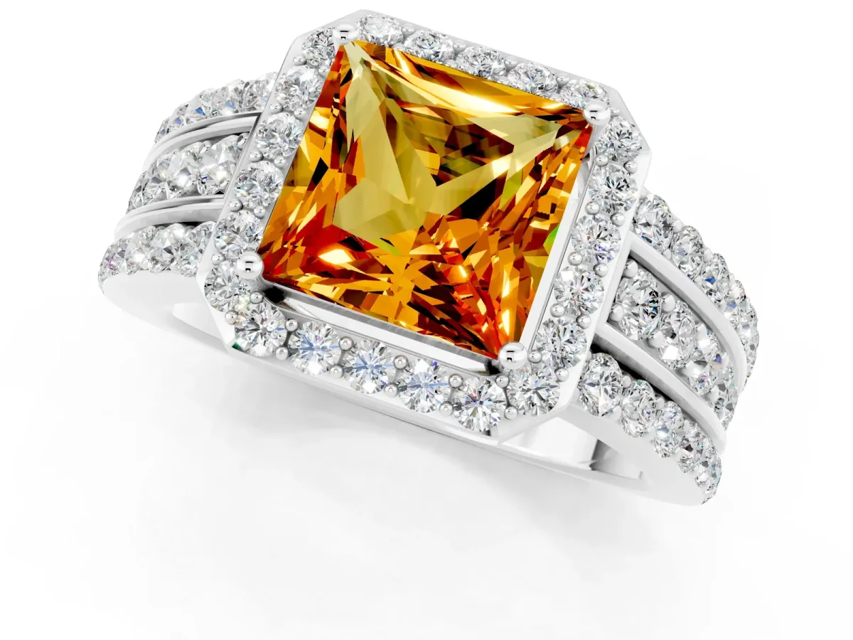 Princess Cut Halo Citrine Ring with Round Split Shank and Prong Setting Platinum
