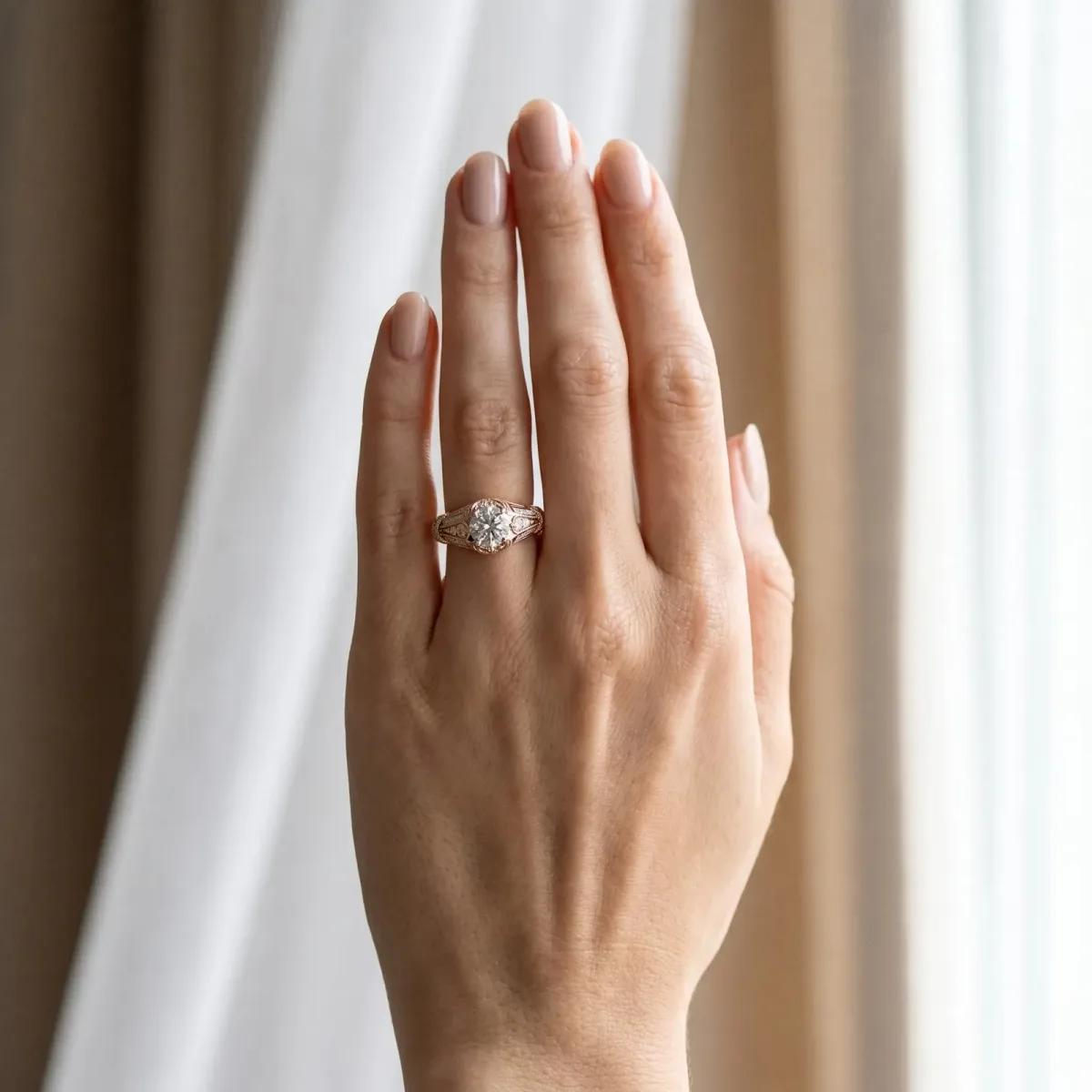 Vintage Milgrain Round Cut Diamond Split Shank Ring with Prong Setting Rose gold