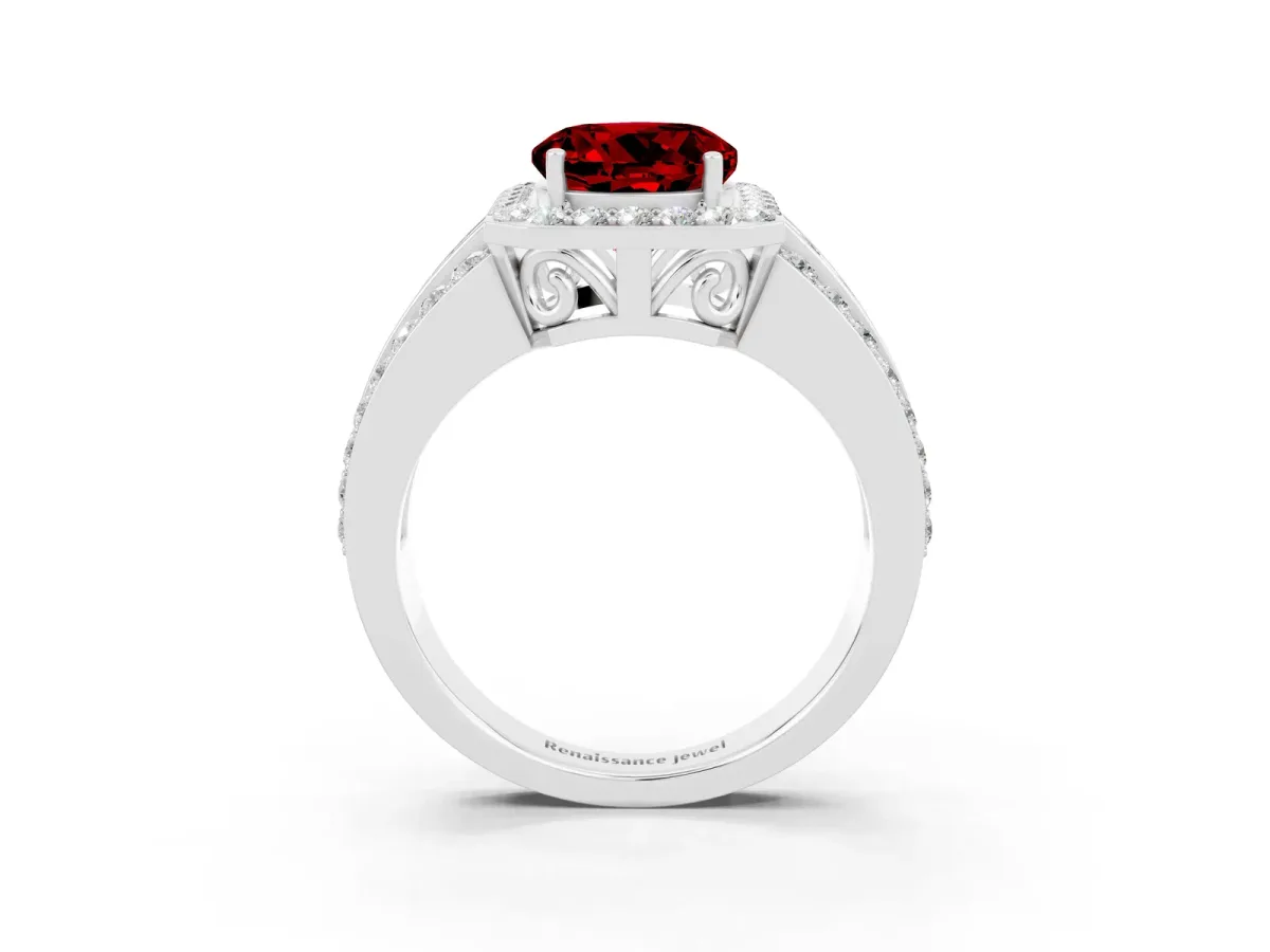 Round Cut Halo Ruby Ring with Round Split Shank and Prong Setting Platinum