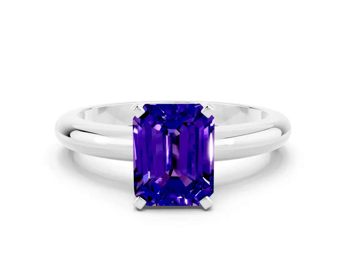 Emerald Cut Tanzanite Solitaire Engagement Ring with Round Band and Four-Prong Setting Silver