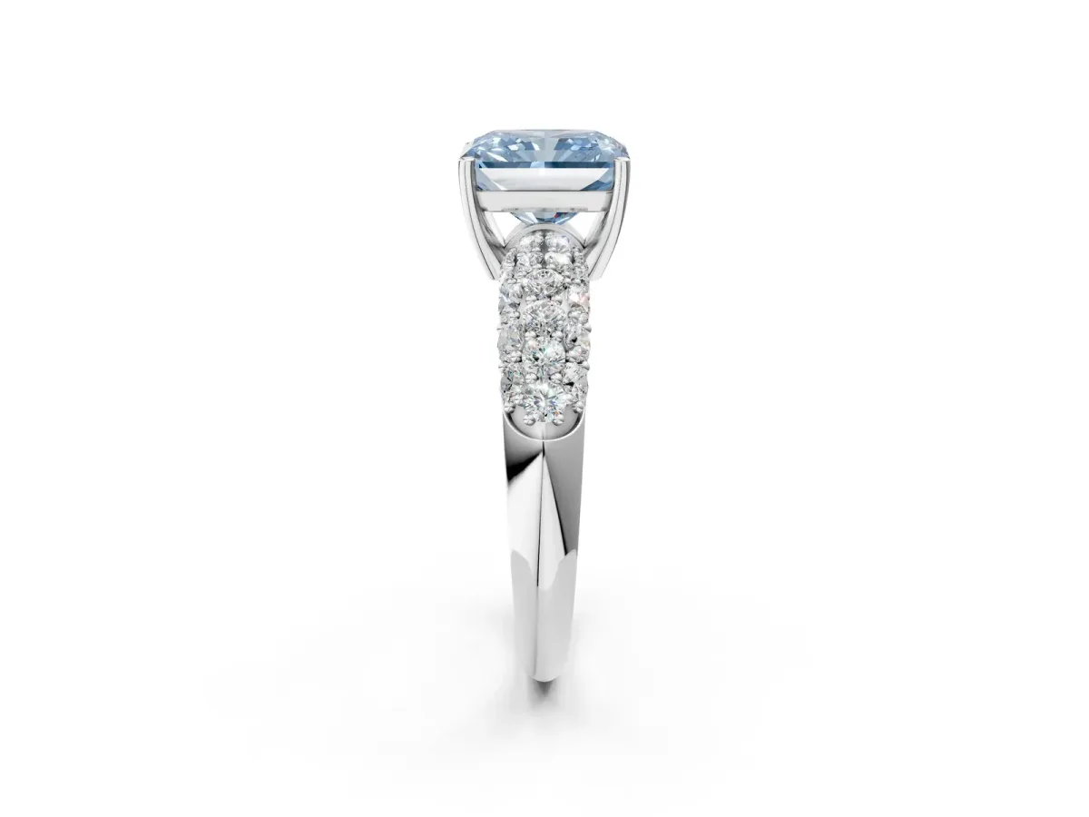 Fancy Blue Radiant Cut Diamond Pavé Band Solitaire Ring with Four-Prong Setting Platinum