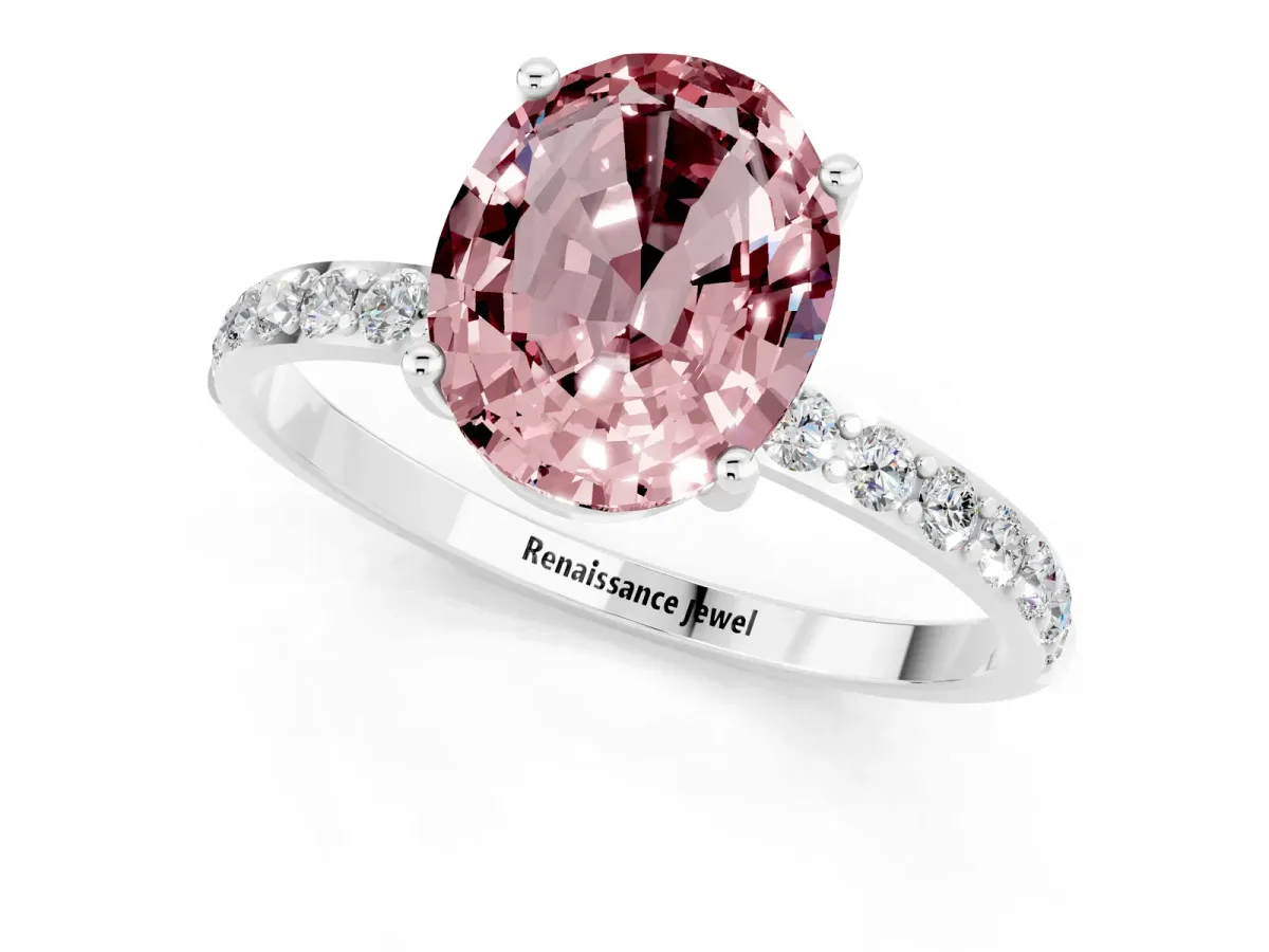 Oval Cut Morganite Solitaire Ring with Round Pavé Band and Prong Setting Platinum
