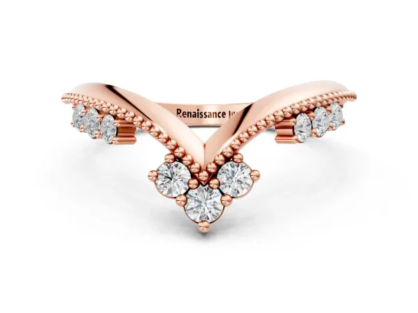 Diamond Chevron Milgrain Band with Round Cut Stones and Prong Setting Rose gold