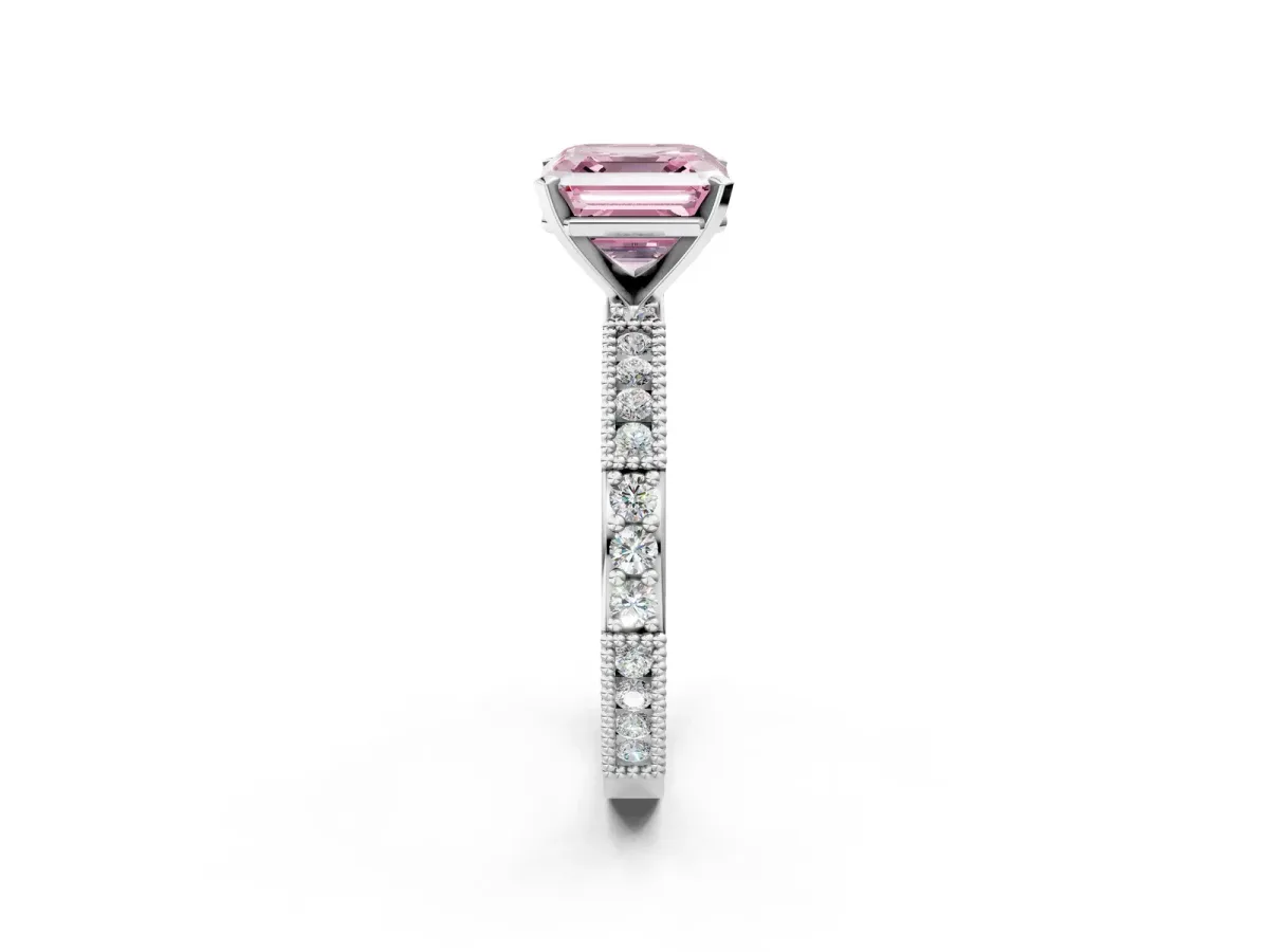 Fancy Pink Asscher Cut Solitaire with Pavé Band and Four-Prong Setting Silver