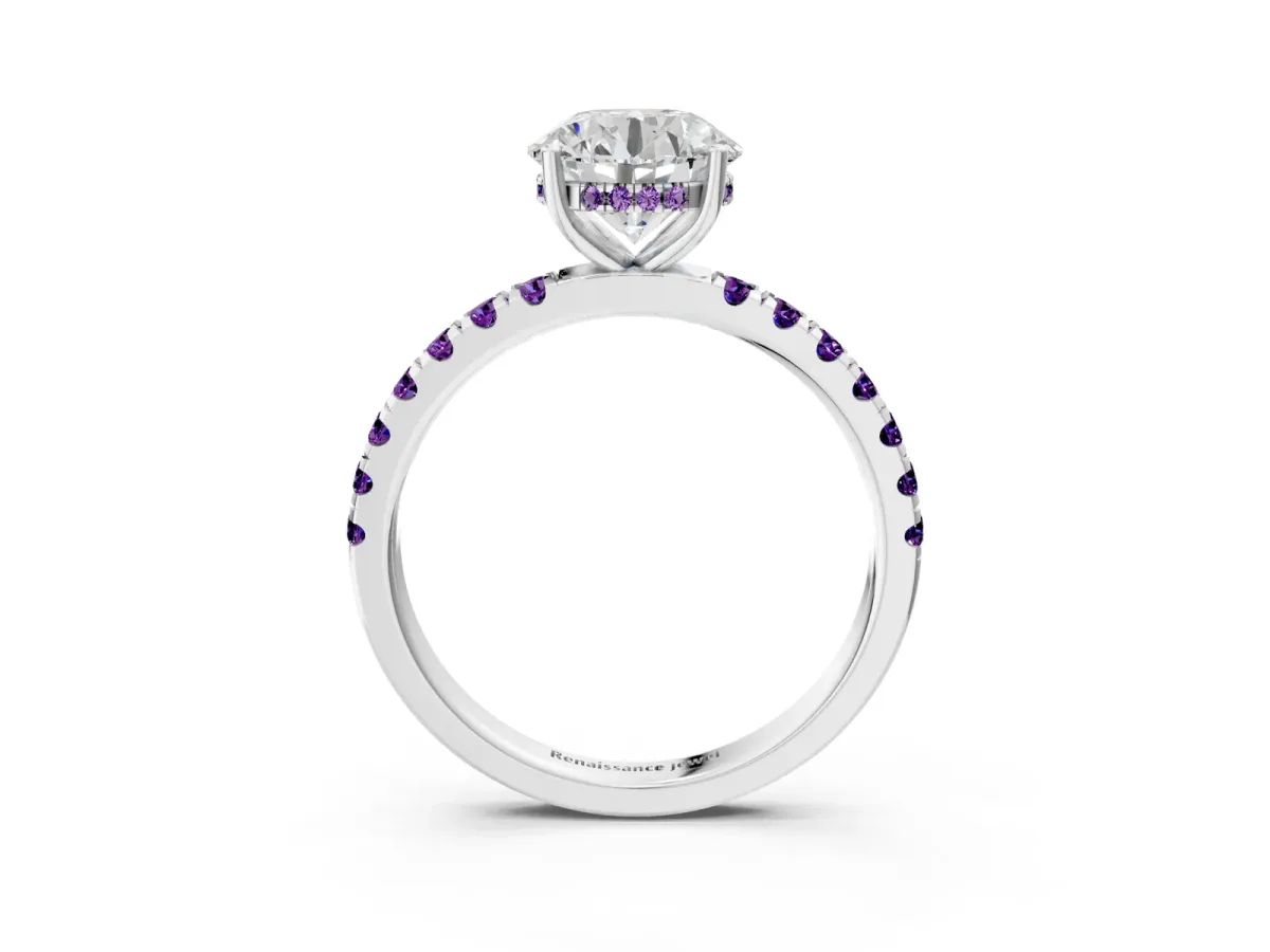 Round Cut Diamond Pave Band Solitaire Ring with Round Amethyst and Prong Setting Silver