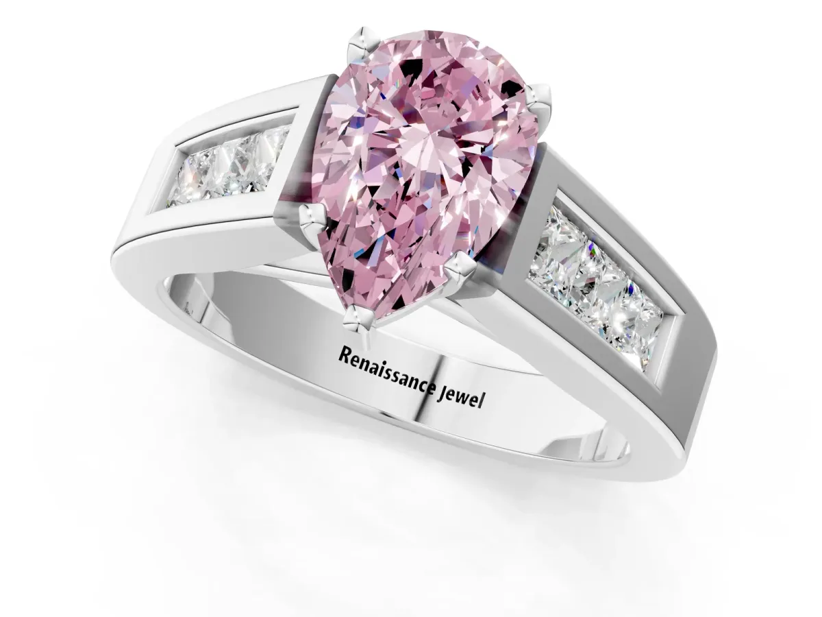 Fancy Pink Pear Cut Cut Channel Set Solitaire Ring with Four-Prong Setting Silver