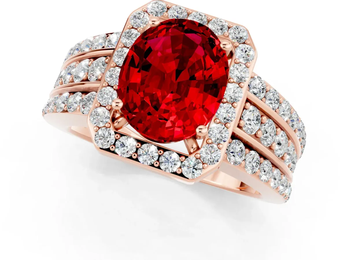 Oval Cut Halo Ruby Ring with Round Split Shank and Prong Setting Rose gold