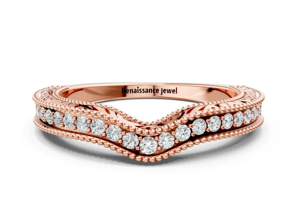 Pave Round Diamond Curved Milgrain Band Rose gold