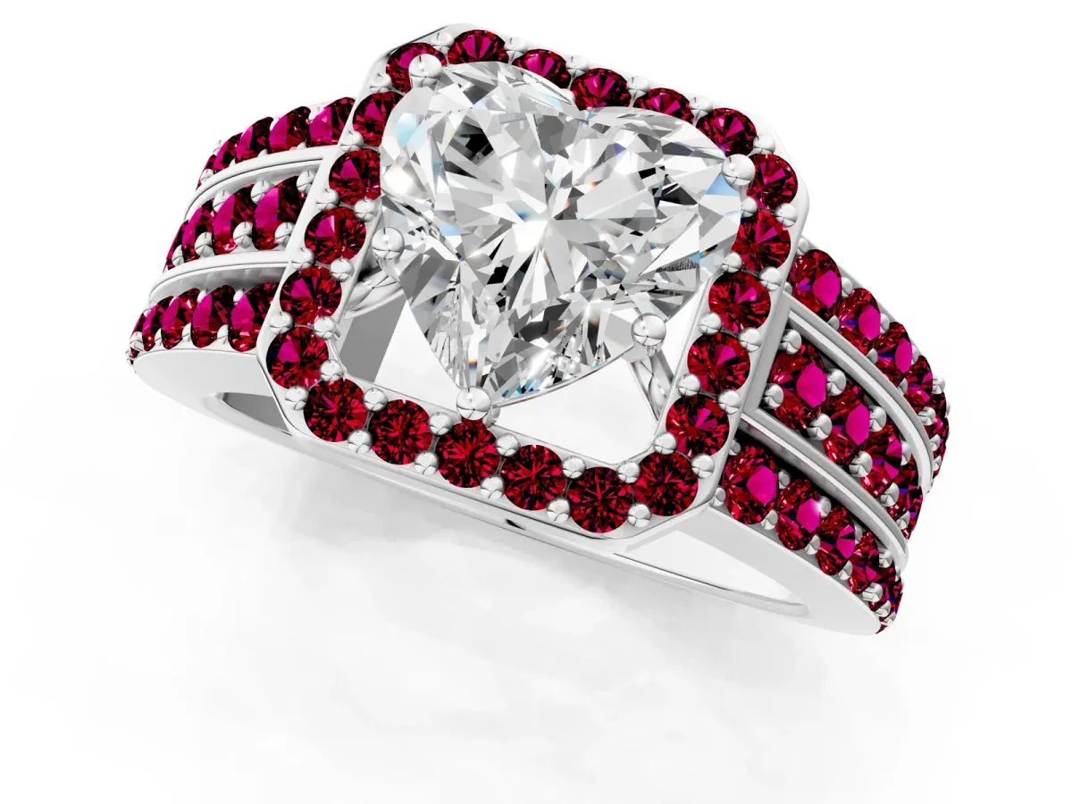 Heart Cut Halo Diamond Ring with Round Garnet Split Shank and Prong Setting Silver