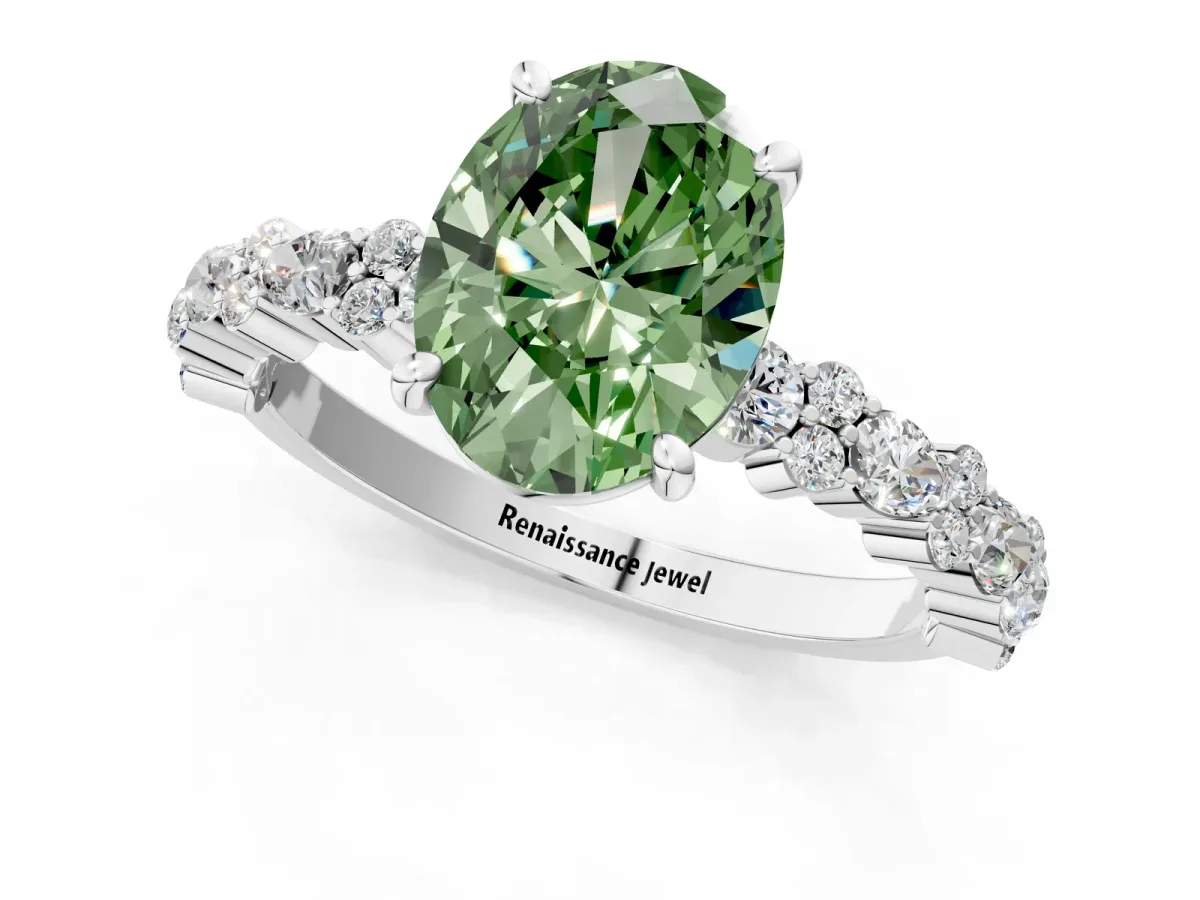 Fancy Green Oval Cut Diamond Side Stone Solitaire Ring with Round and Four-Prong Setting White gold