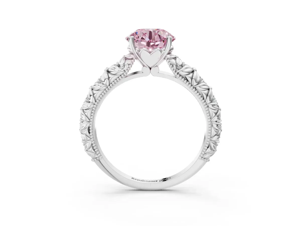 Fancy Pink Round Cut Solitaire Floral Milgrain Engagement Ring Silver