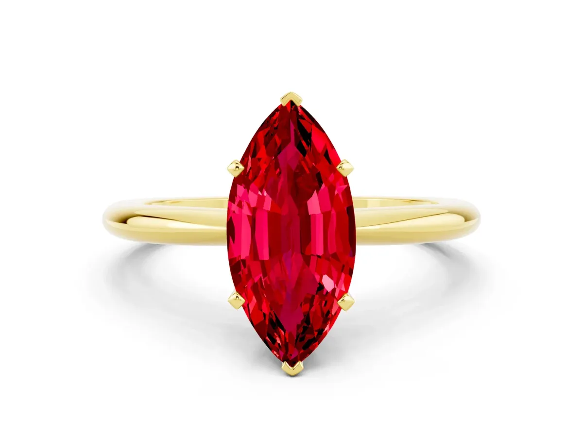 Marquise Cut Ruby Solitaire Ring with Six-Prong Setting and Classic Band Yellow gold
