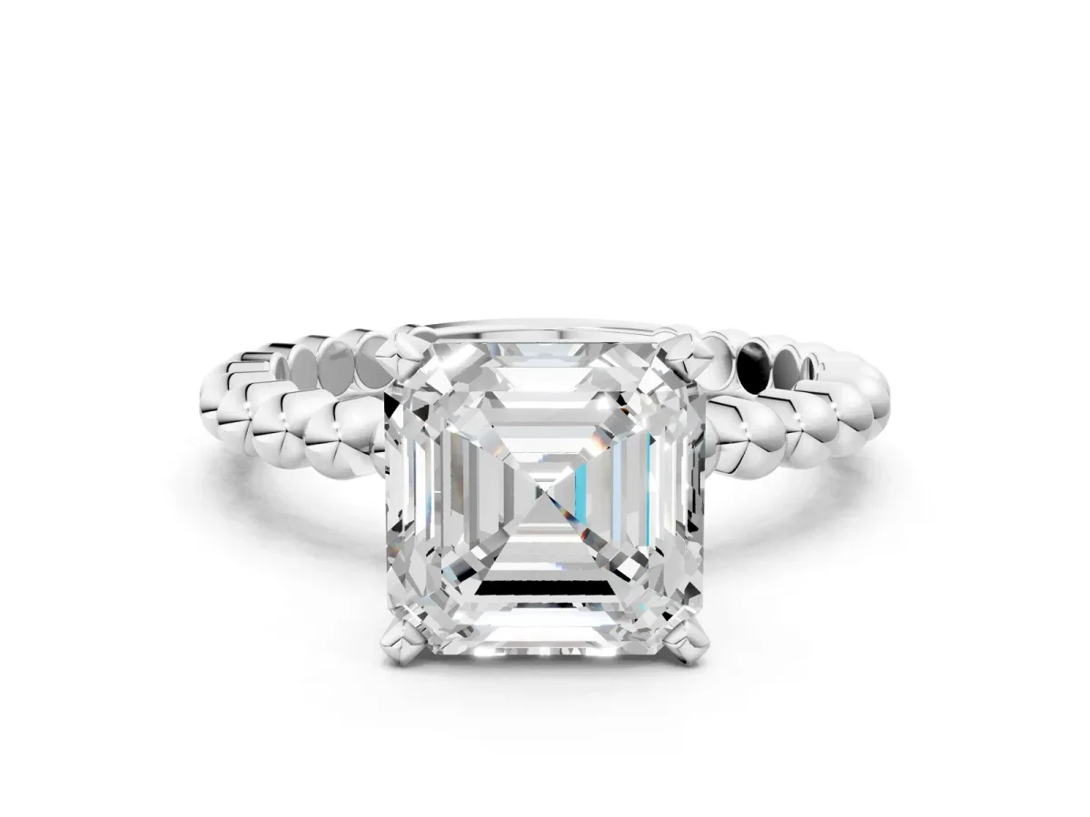 Asscher Cut Diamond Solitaire Ring with Beaded Band and Prong Setting Platinum