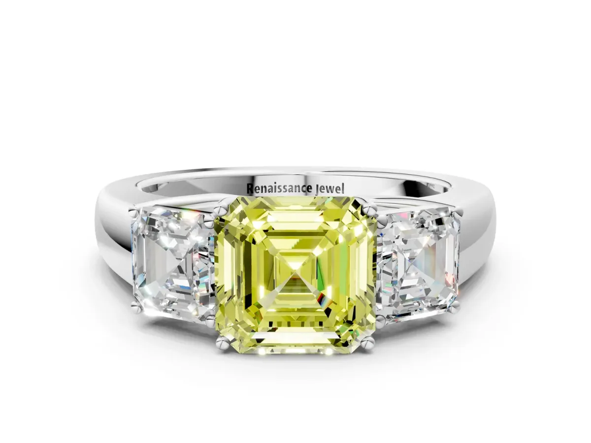 Fancy Yellow Three-Stone Asscher Cut Cut Diamond Ring with Prong Setting and Classic Band Platinum
