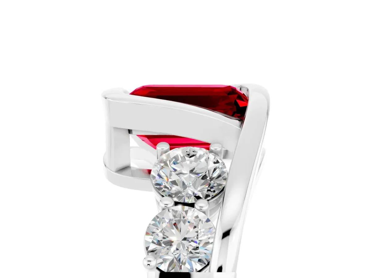 Bezel Set Emerald Cut Ruby Bypass Ring with Round Accents Silver