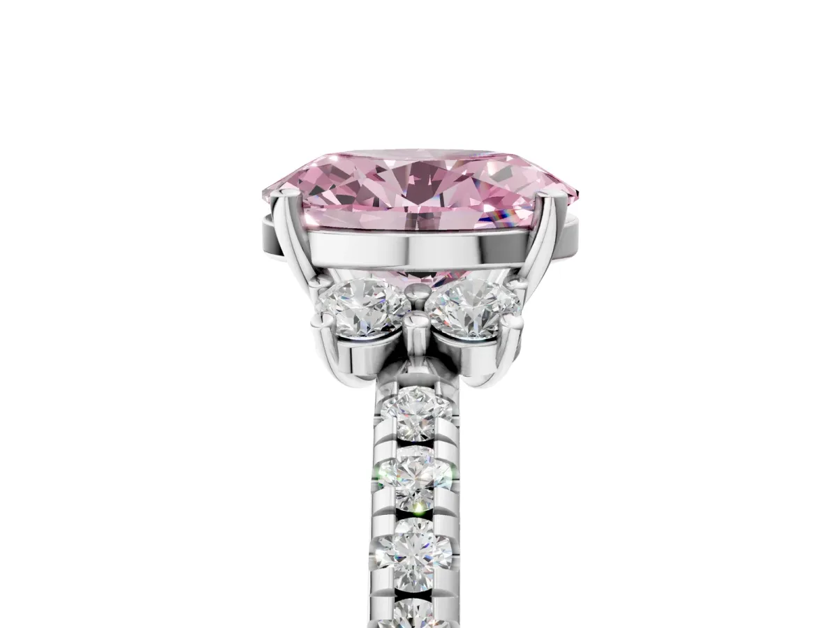 Fancy Pink Oval Cut Diamond Three-Stone Pave Band with Four-Prong Setting Silver