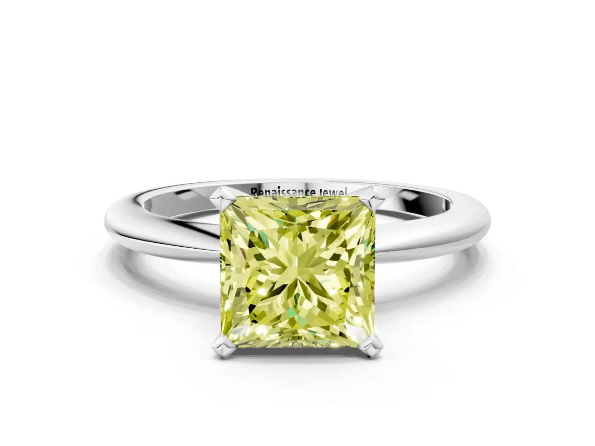 Fancy Yellow Princess Cut Diamond Solitaire Ring with Six-Prong Setting and Classic Band Silver