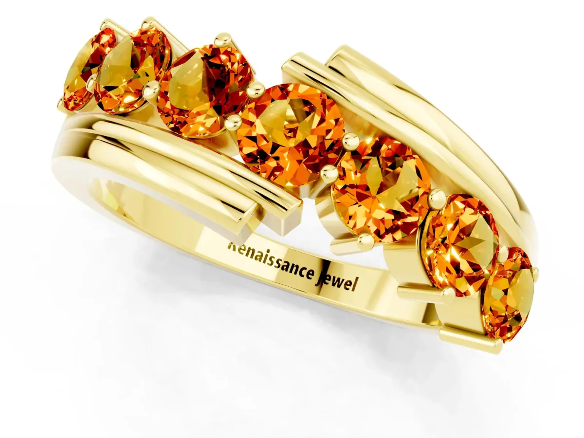 Round Citrine Wave Band with Channel and Shared Prong Setting Yellow gold