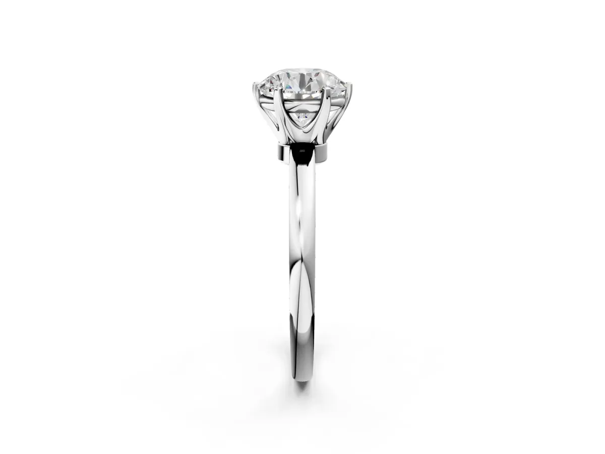 Round Cut Solitaire Diamond Ring with Six-Prong Setting on a Classic Band White gold