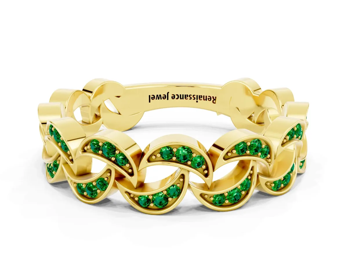 Pavé Round Emerald Interlocking Eternity Band with Bezel Prong Setting Yellow gold