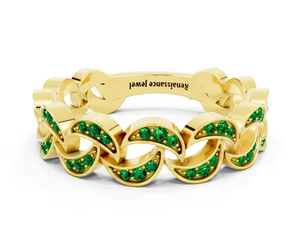 Pavé Round Emerald Interlocking Eternity Band with Bezel Prong Setting Yellow gold