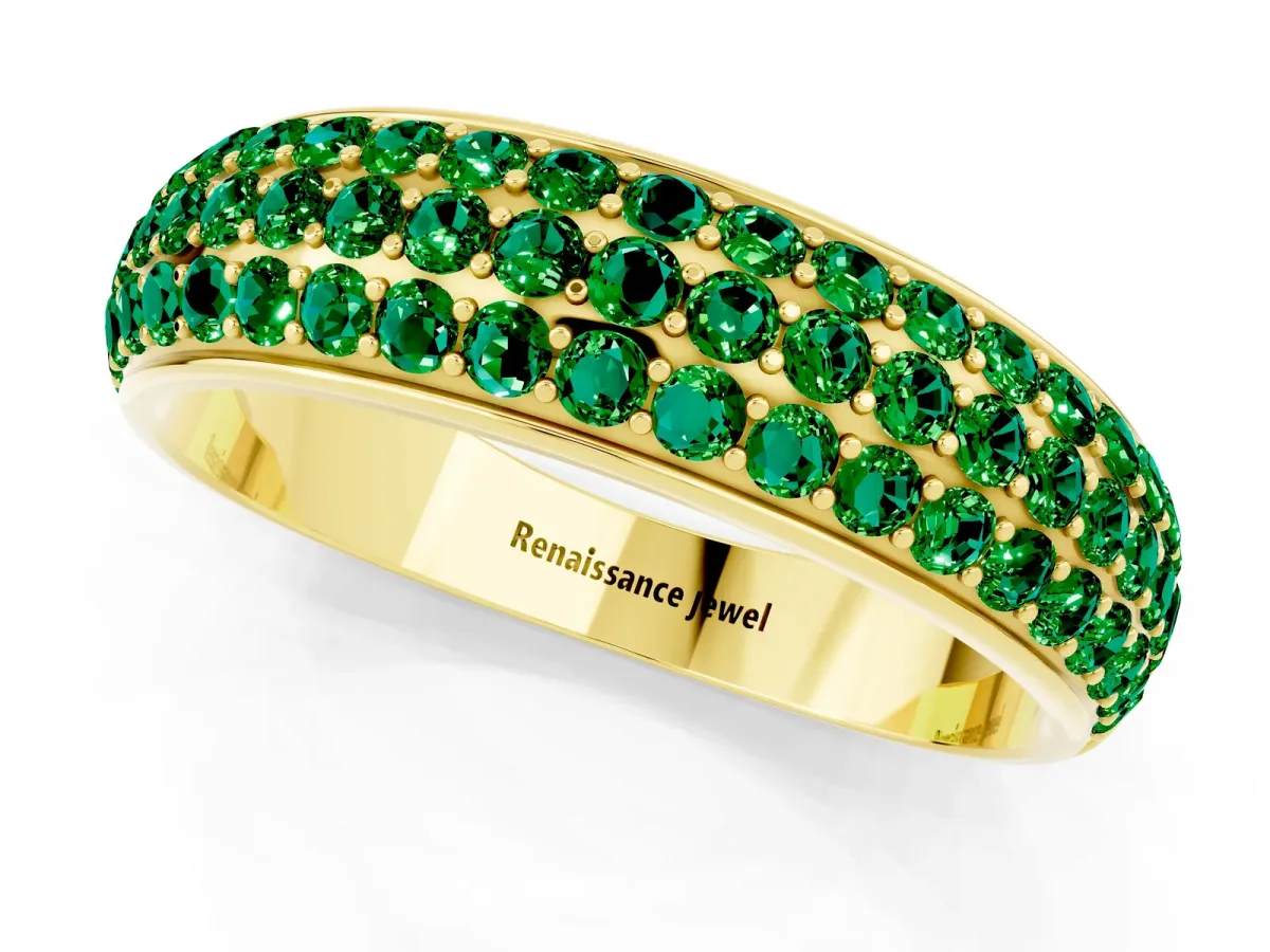 Three-Row Round Emerald Eternity Band with Shared Prong Setting Yellow gold