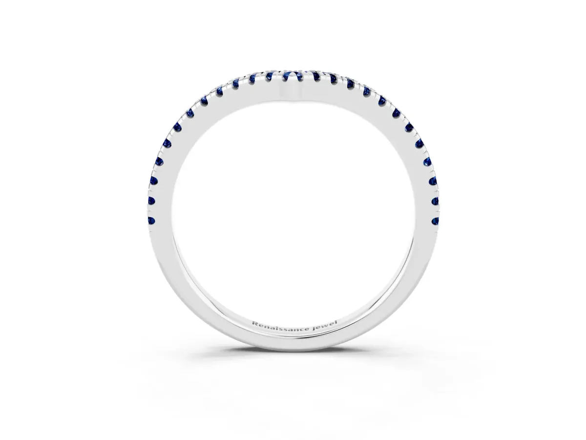 Pavé Round Blue Sapphire V-Shaped Chevron Band with Shared Prong Setting Silver