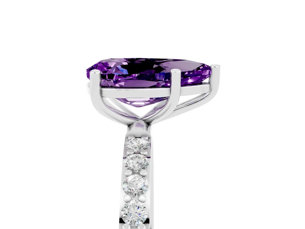 Pear Cut Amethyst Solitaire Ring with Round Pavé Band and Prong Setting Platinum