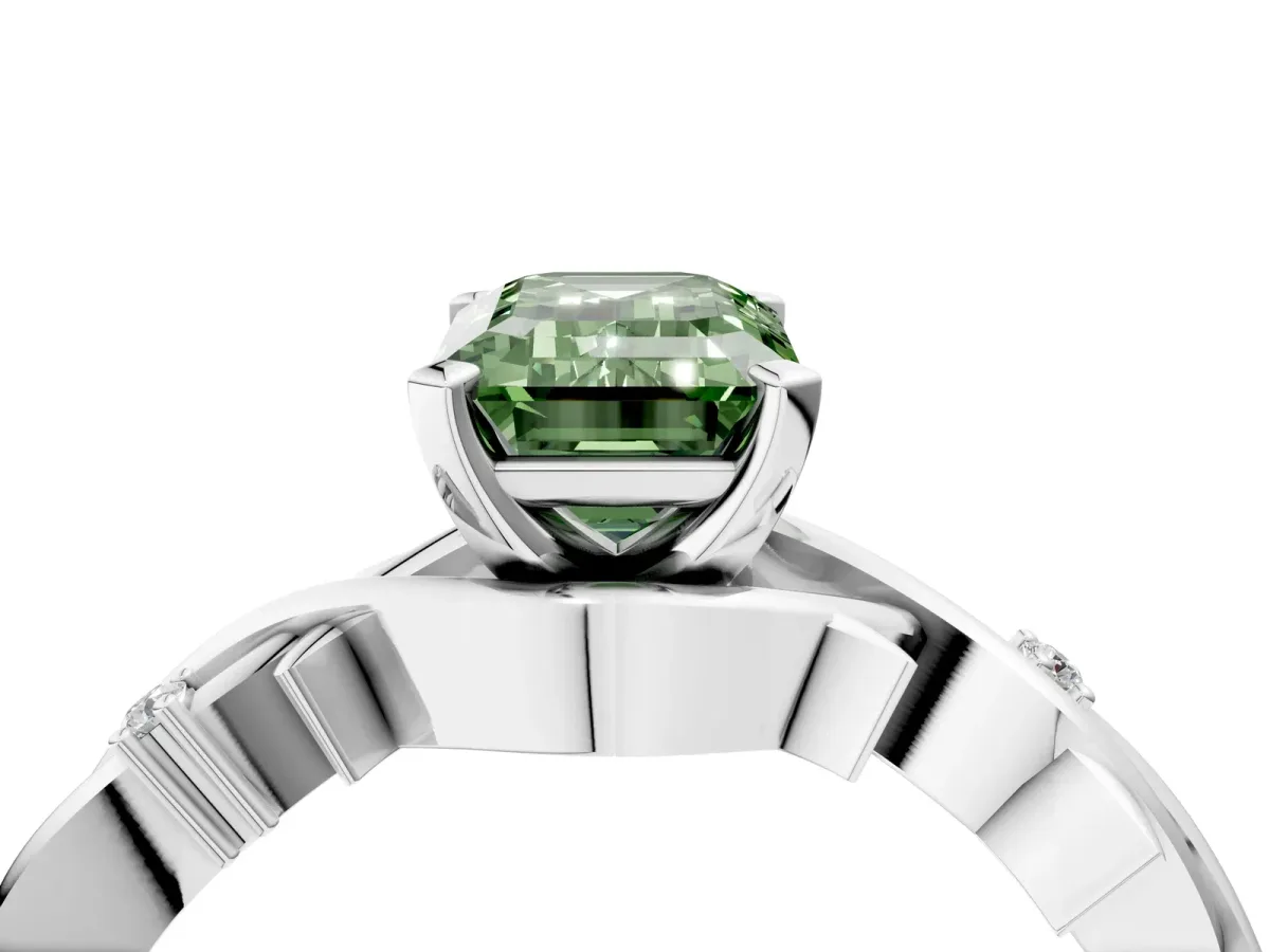 Fancy Green Emerald Cut Diamond Solitaire Ring with Twisted Band and Prong Setting Silver