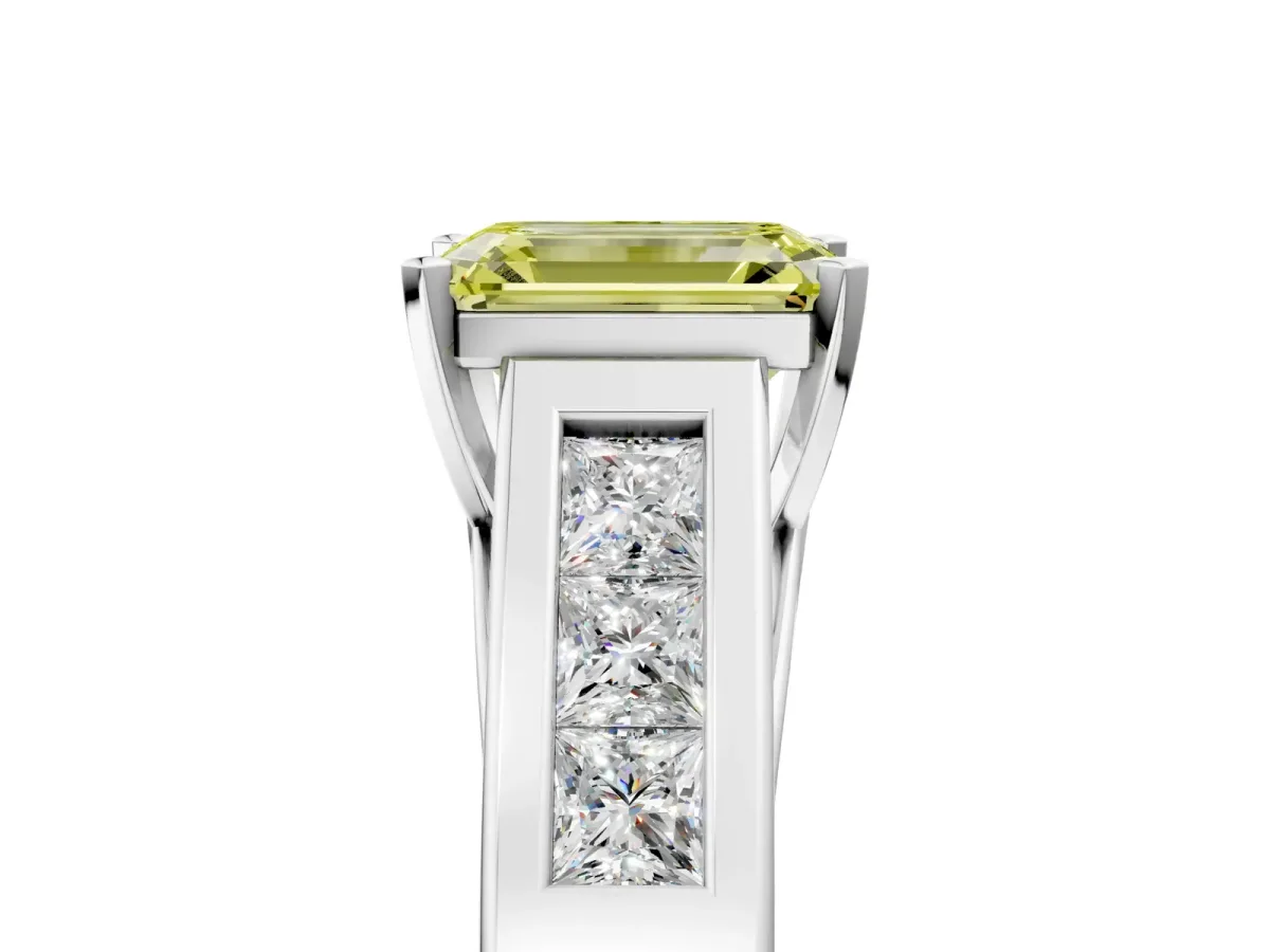 Fancy Yellow Emerald Cut Cut Channel Set Solitaire Ring with Four-Prong Setting Silver