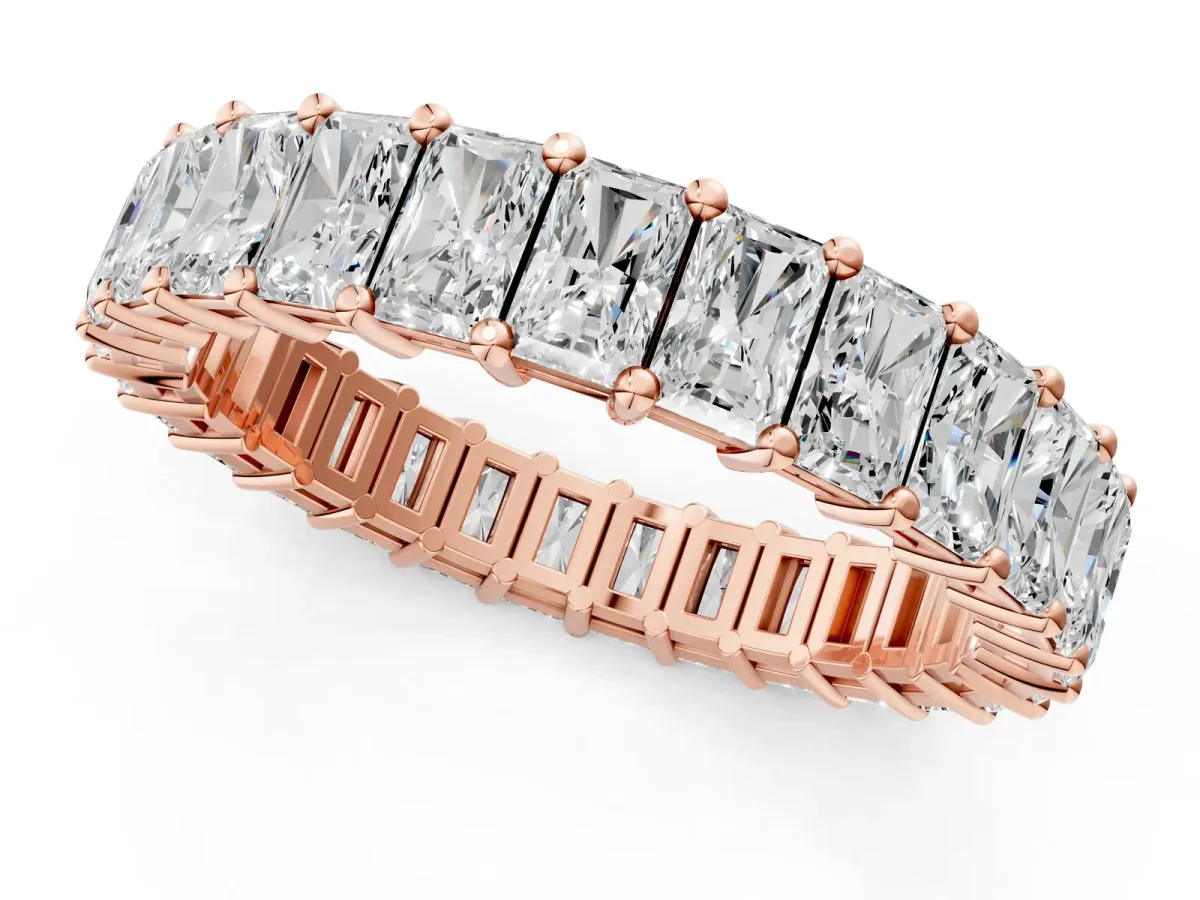 radiant Cut eternity band with shared prong setting Rose gold