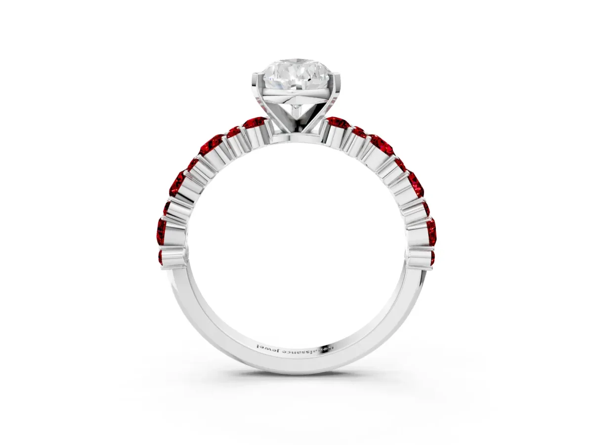 Pear Cut Diamond Side Stone Solitaire Ring with Round Ruby and Four-Prong Setting White gold