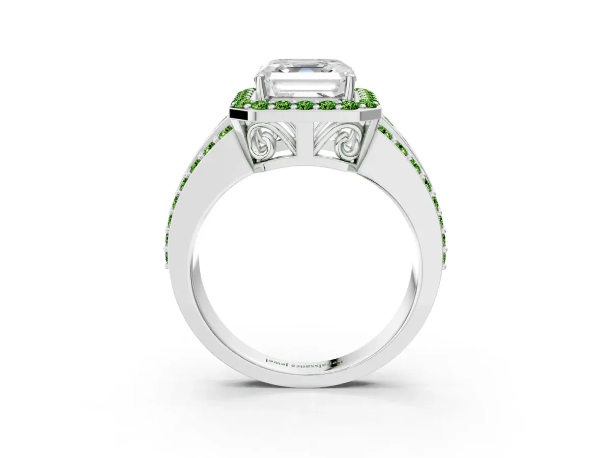 Asscher Cut Halo Diamond Ring with Round Peridot Split Shank and Prong Setting Silver