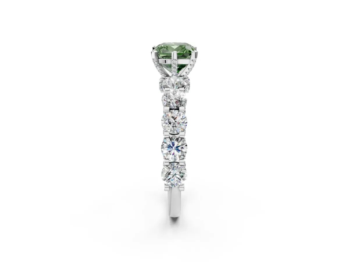 Fancy Green Cushion Cut Diamond Side Stone Engagement Ring with Four-Prong Setting Silver
