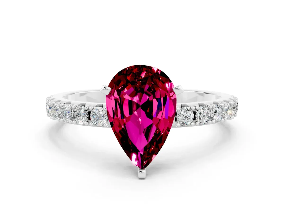 Pear Cut Garnet Solitaire Pavé Band with Four-Prong Setting White gold