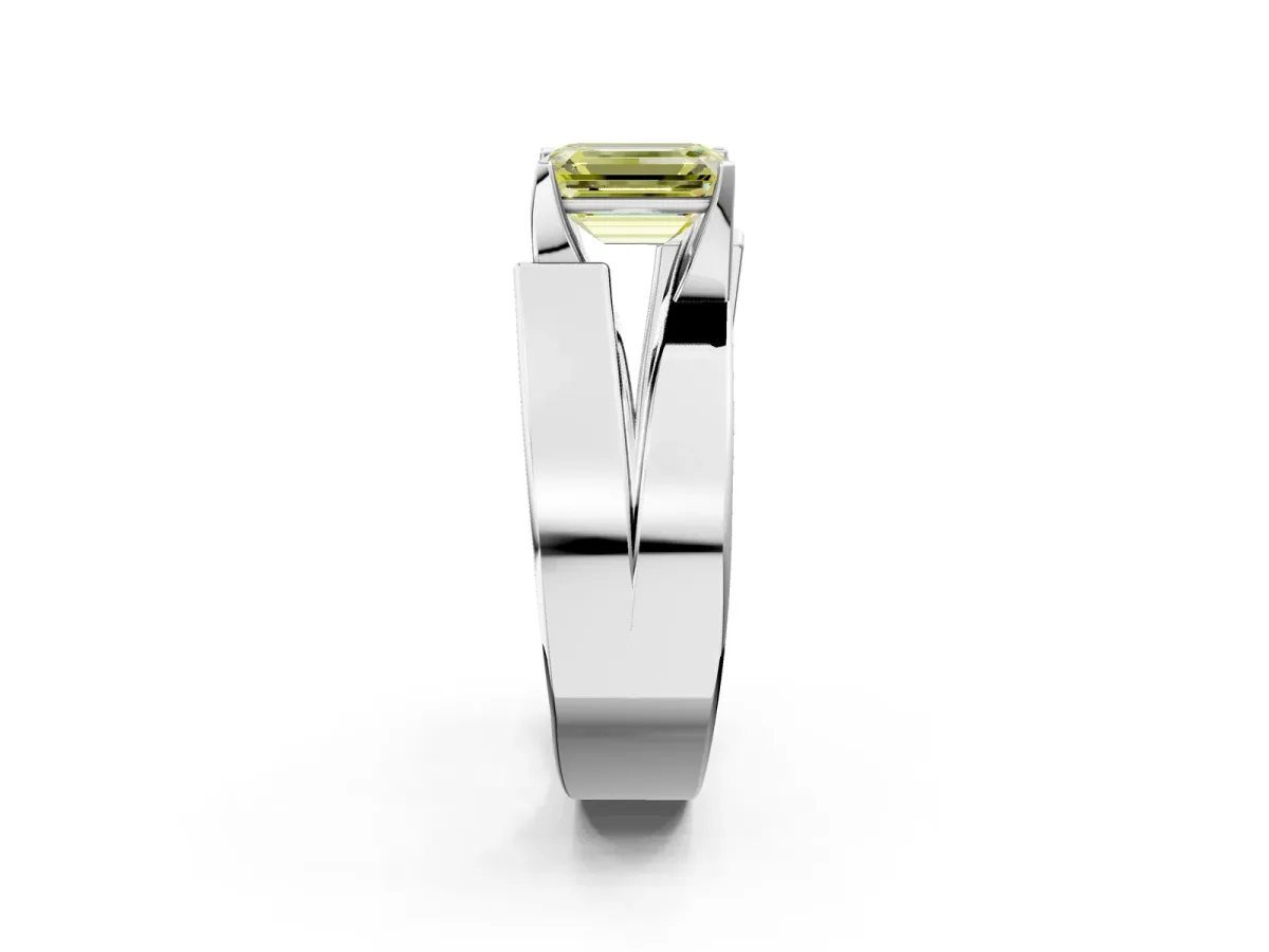 Fancy Yellow Modern Tension Set Emerald Cut Diamond Solitaire Wide Band Ring Silver