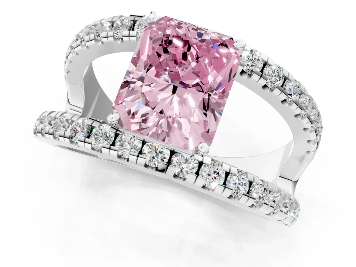 Fancy Pink Radiant Cut Solitaire Split Shank Pave Diamond Ring Platinum