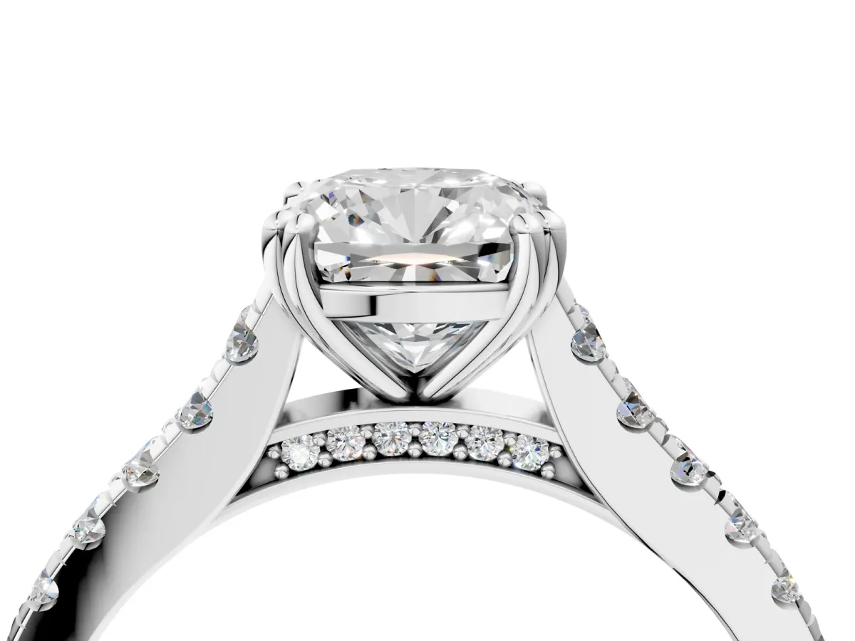 Cushion Cut Solitaire Pave Diamond Engagement Ring with Prong Setting White gold