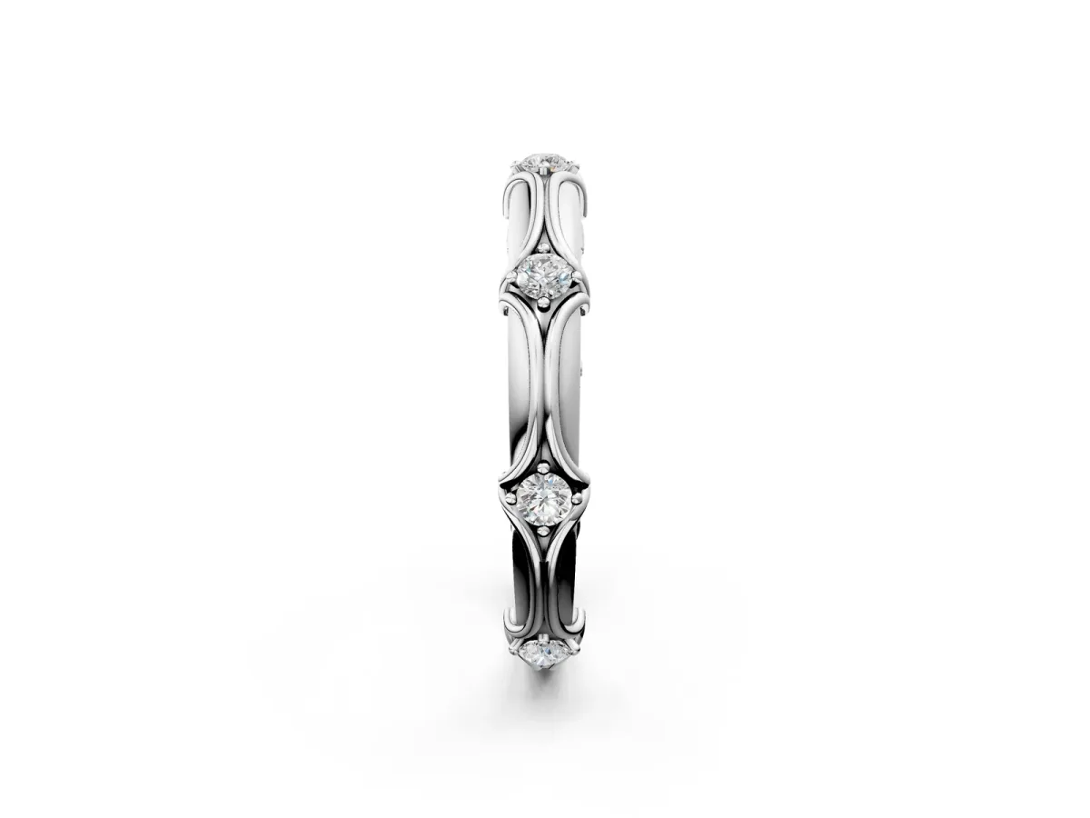 Round Diamond Prong Set Milgrain Eternity Band Silver