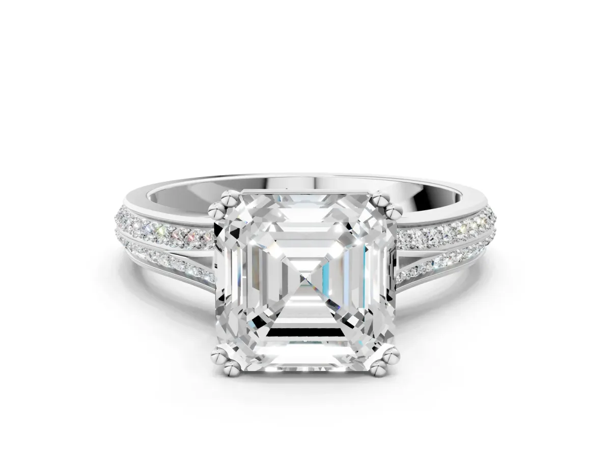 Asscher Cut Diamond Split Shank Engagement Ring with Pavé Band Platinum