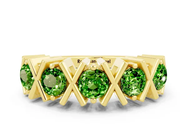 Round Peridot Channel Set Band with X-Prong Detail Yellow gold