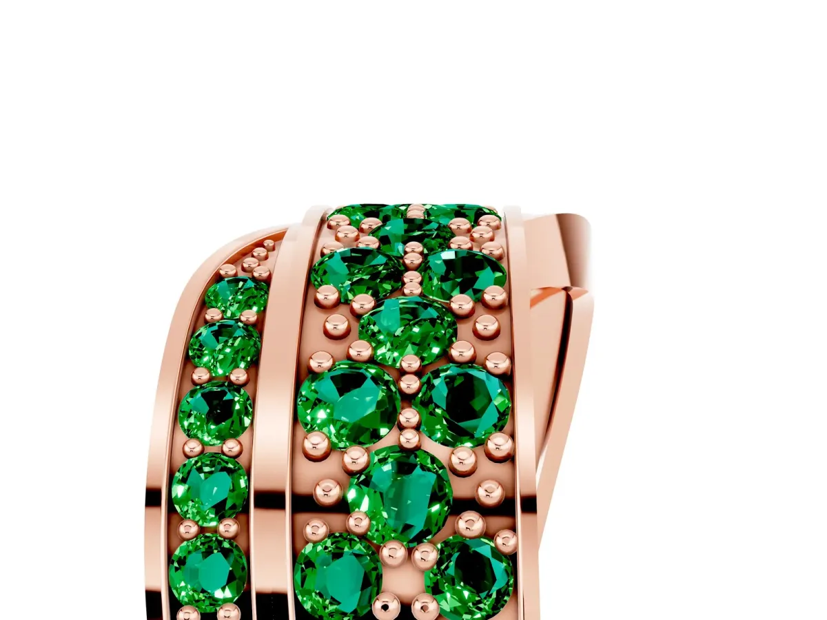 Pavé Round Emerald Crossover Band with Bead Prong Setting Rose gold