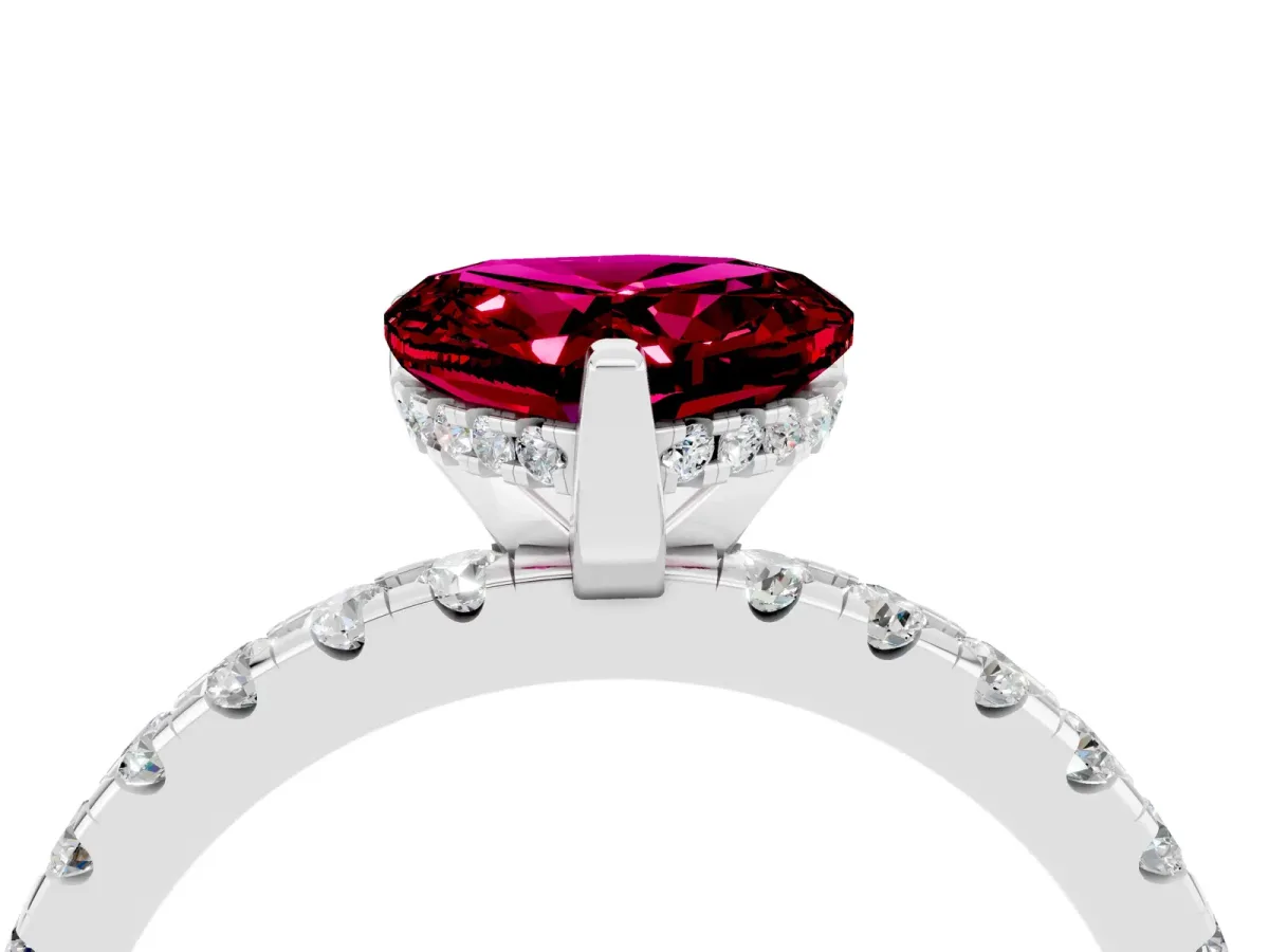Heart Cut Garnet Solitaire Ring with Round Pavé Band and Four-Prong Setting Silver