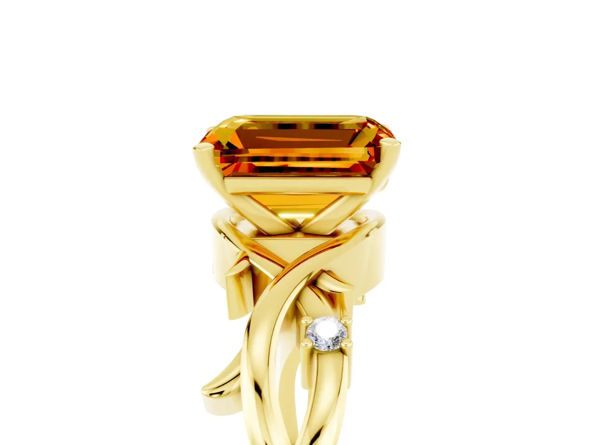 Emerald Cut Citrine Solitaire Ring with Twisted Band and Prong Setting Yellow gold