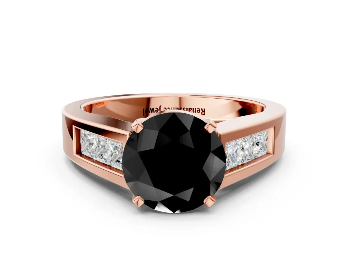 Fancy Black Round Cut Cut Channel Set Solitaire Ring with Four-Prong Setting Rose gold