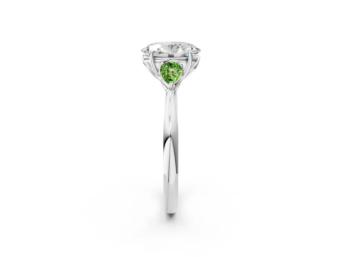 Oval Cut Diamond Three-Stone Ring with Pear Peridot Side Stones and Prong Setting Silver